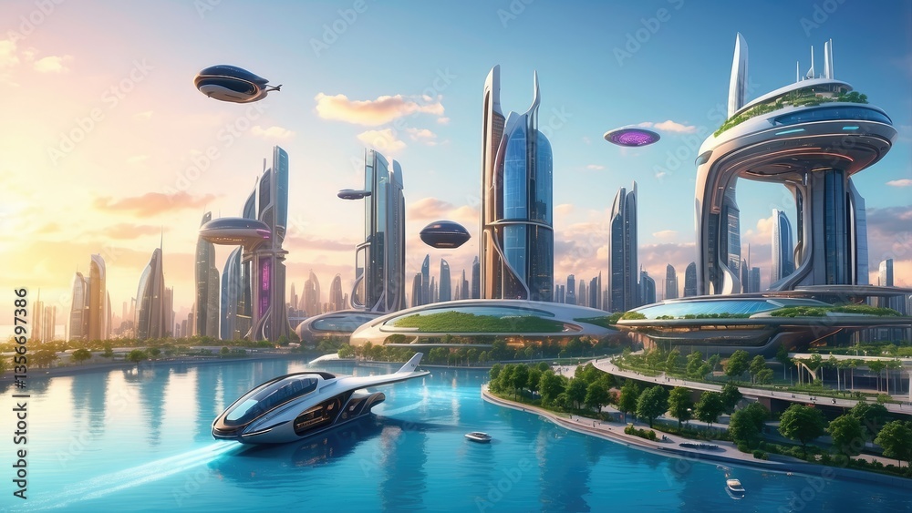 Fototapeta premium Futuristic cityscape at sunset featuring modern