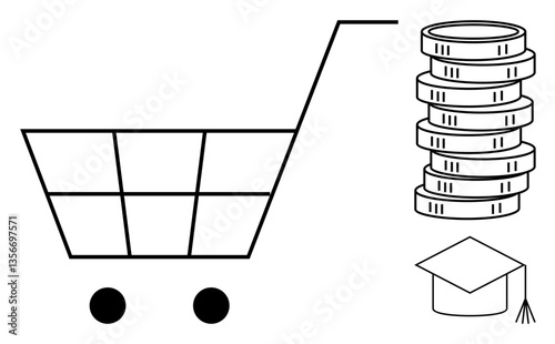 Shopping cart beside coin stack and graduation cap symbolizes cost of education, financial planning, personal growth, and budgeting. Ideal for education, economy, savings, investment, planning