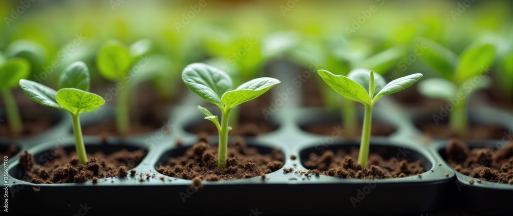 Close-up of young seedlings in dark soil, arranged in black plastic trays, bright green leaves in various growth stages, soft natural lighting, hopeful and serene depiction of early plant life