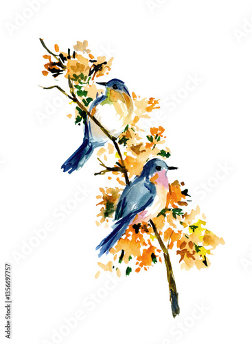Sparrow bird sitting on floral tree branch raster illustration. Pink blooming flowers on white background. Spring blossoms and twig with leaves isolated watercolour design element