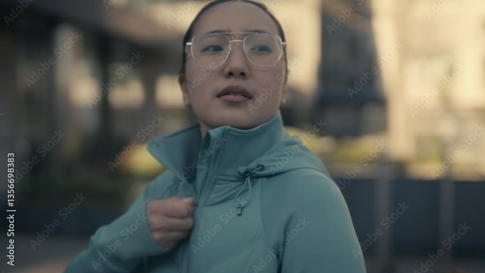 Female jogger, a young Asian woman wearing active sportswear,  zips up her hoddie and looking around, Soft sunlight. Health and outdoor activity. Sports tech.
