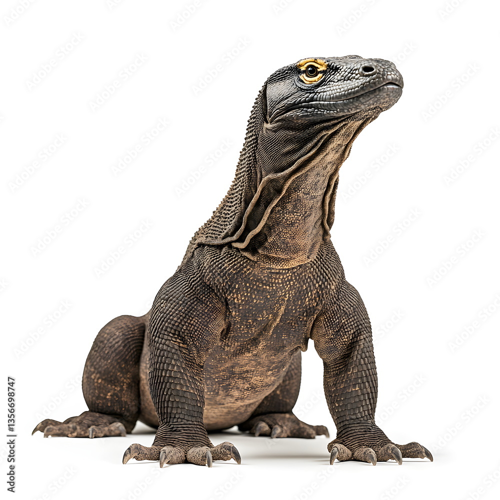 Obraz premium A realistic portrait of a Komodo dragon standing in side view, isolated on a white background. A powerful, well-built reptile with rough, scaly dark greyish-brown skin, a broad head, piercing yellow