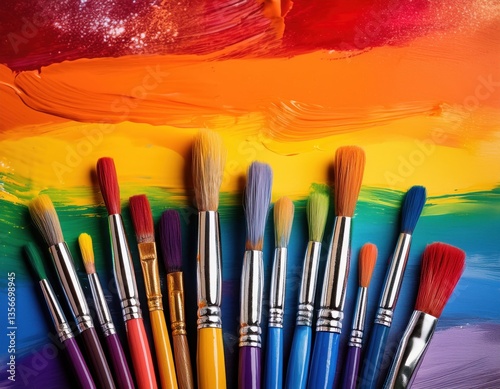 Artistic display of colorful paintbrushes against a bold rainbow backdrop symbolizing lgbt pride. photo