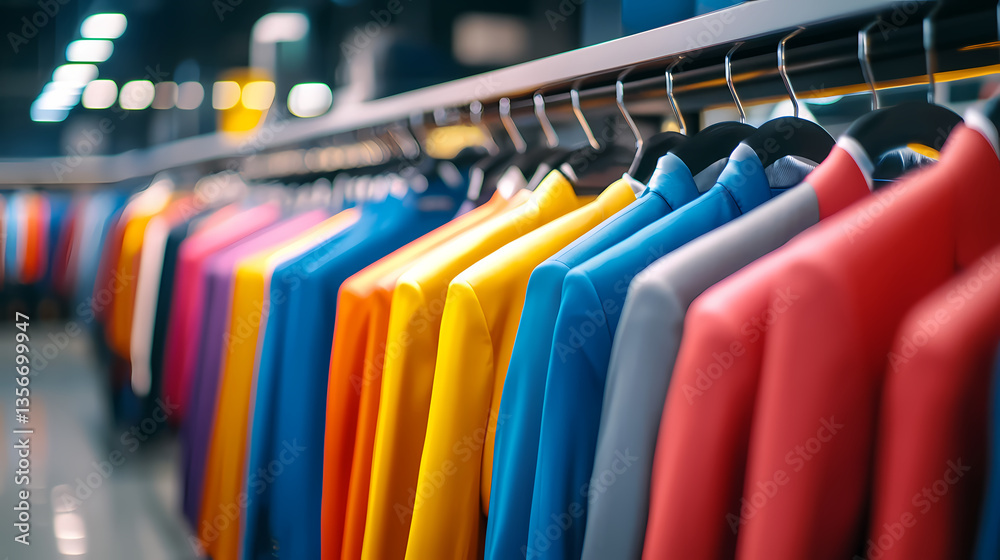 Vibrant Jackets in a Row: A captivating display of colorful jackets, neatly arranged on a clothing rack, inviting customers to explore fashion and personal style. Vibrant Jackets in a Row: A captivating display of colorful jackets, neatly arranged on a clothing rack, inviting customers to explore fashion and personal style.