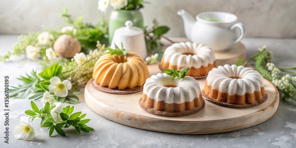Delightful Springtime Bundt Cakes on Wooden Tray with Blooming Flowers and Tea Delightful Springtime Bundt Cakes on Wooden Tray with Blooming Flowers and Tea