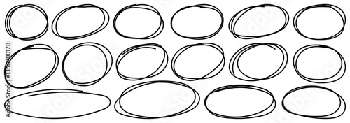 Set of doodle ellipses. Scribble ovals, bubbles to circle and highlight text. Pencil or pen graffiti bubble or ball draft illustration. Black paint marker circles. Vector illustrator