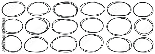 Set of doodle ellipses. Scribble ovals, bubbles to circle and highlight text. Pencil or pen graffiti bubble or ball draft illustration. Black paint marker circles. Vector illustrator