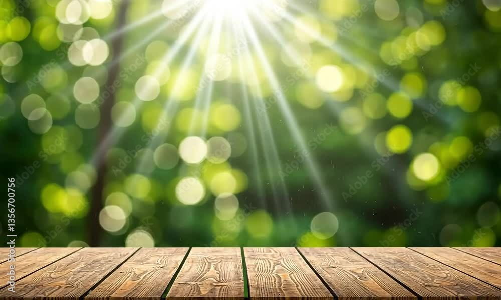 Wooden planks surface with sunlight shining through green bokeh background in a forest scene