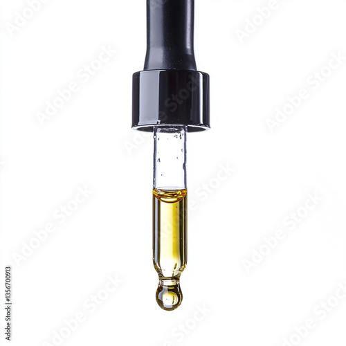 Clear essential oil dripping from dropper isolated on white background