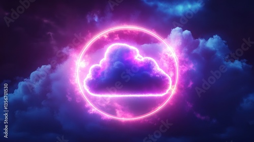 Neon cloud icon in a vibrant circle, set against a dramatic, dark sky with clouds.