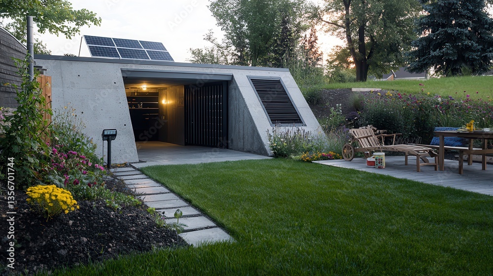 Modern architectural design of a backyard with solar panels and landscaped garden at dusk Modern architectural design of a backyard with solar panels and landscaped garden at dusk