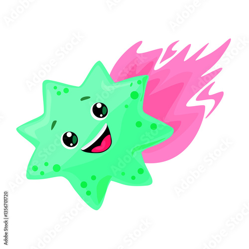 Turquoise Cartoon Comet with a Pink Tail – Cute Space Illustration. This adorable cartoon-style vector illustration is perfect for children’s projects, space-themed designs, posters, stickers, and mor