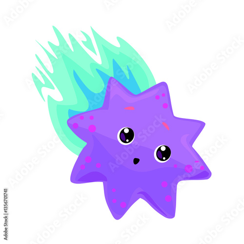 Purple Cartoon Comet with a Blue Tail – Cute Space Illustration. his adorable cartoon-style vector illustration is perfect for children’s projects, space-themed designs, posters, stickers, and more.