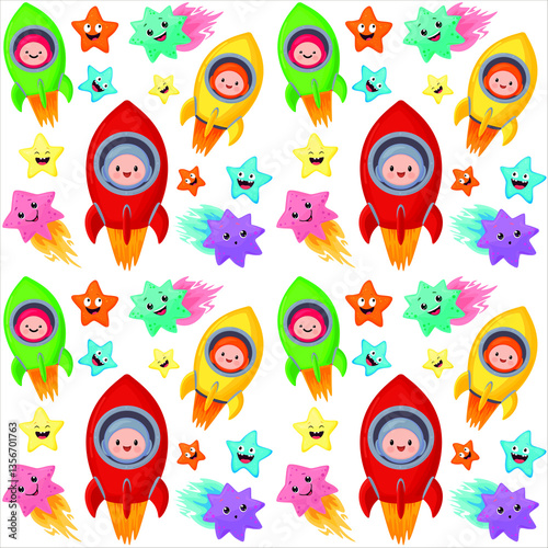Seamless Pattern with Comets and Stars – Cute Space Illustration.  Perfect for children’s projects, space-themed designs, fabrics, wallpapers, gift wrapping, and more.