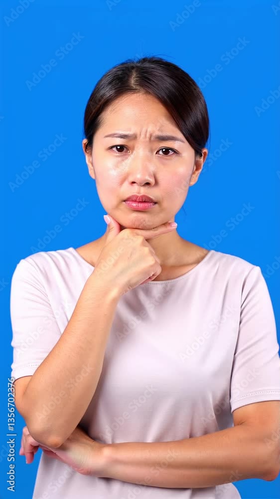 Concerned Asian woman, hand on chin, pensive against a blue background. Concerned Asian woman, hand on chin, pensive against a blue background.