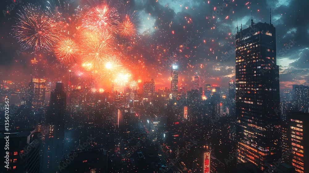 Fototapeta premium Cityscape Fireworks Night Sky Display Celebration