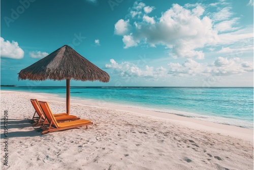 Relaxing beach chairs under a thatched umbrella on a serene coastline with clear blue waters in midday sunlight