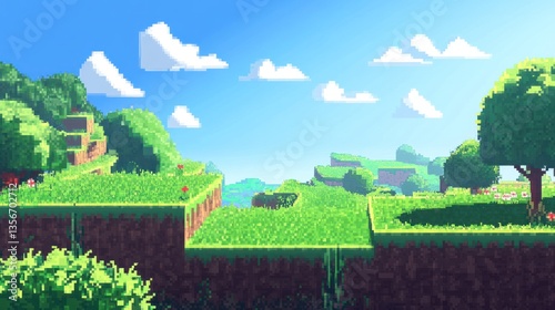 Pixel art landscape, sunny day, green hills, trees, flowers, sky, clouds.