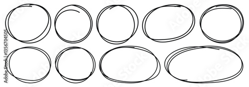 Set of doodle ellipses. Scribble ovals, bubbles to circle and highlight text. Pencil or pen graffiti bubble or ball draft illustration. Black paint marker circles. Vector illustrator