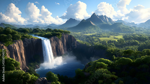Lush Green Landscape with Waterfall and Mountain View