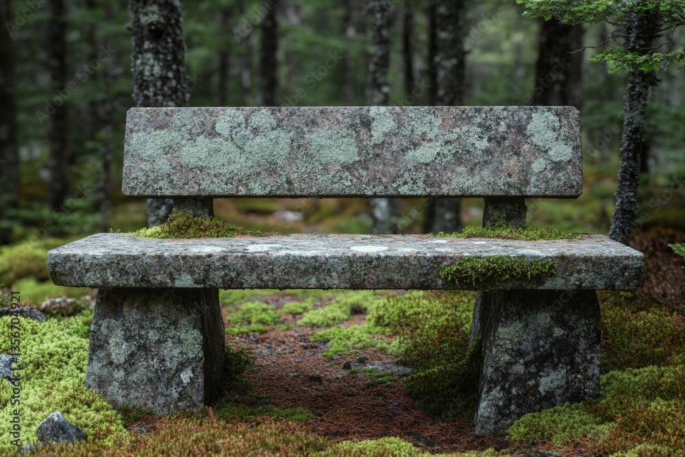 Moss-covered stone bench situated in a serene forest area with lush green surroundings Moss-covered stone bench situated in a serene forest area with lush green surroundings