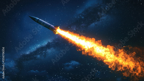 Rocket launches into space with bright flames against a starry night sky filled with distant galaxies