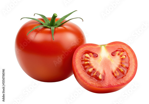 Whole red tomato with a green stem and another sliced in half isolated on transparent background