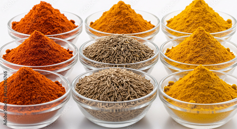 Colorful Array Of Spices In Glass Bowls Displaying Orange Yellow And Brown Powder On White Background Colorful Array Of Spices In Glass Bowls Displaying Orange Yellow And Brown Powder On White Background
