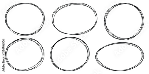Scribble horizontal ellipse in rounder. Round scrawl frames. Pencil line vector. Doodle black circle, pen draw. Vector circular scribble doodle round circles for message note mark design element. 