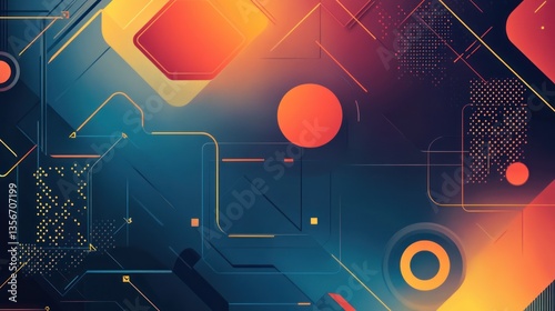 Abstract geometric background with vibrant orange, red, and blue shapes and lines.