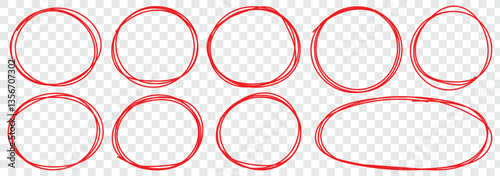 Red pen hand drawn doodle marks, red circle and oval stroke set. Red highlight circle collection. Handwritten highlight red scribble circle. Scribble round frame collection. Vector illustrator