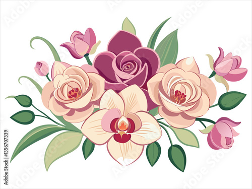 Floral Elegance: A close-up of an exquisite floral arrangement features an assortment of blossoms in pastel hues, evoking a sense of delicate beauty and natural artistry.