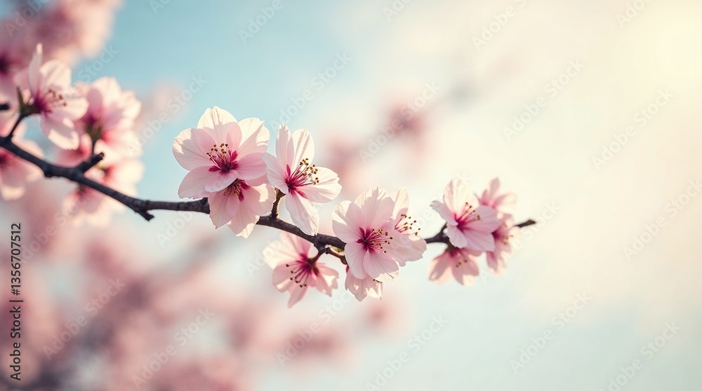 Spring cherry blossoms blooming against a soft blue sky Spring cherry blossoms blooming against a soft blue sky