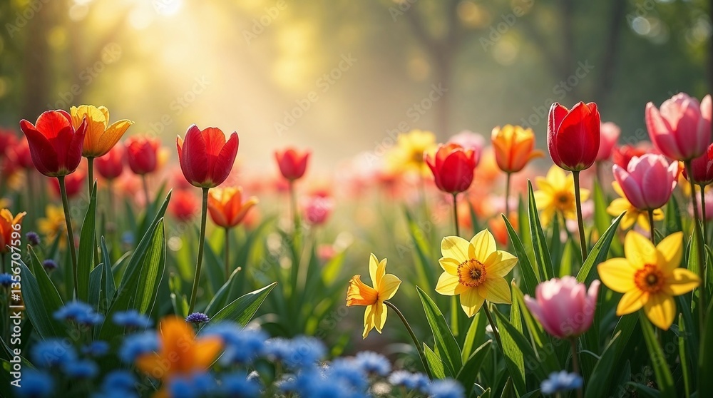 Obraz premium Colorful spring flowers blooming in a sunny garden 
