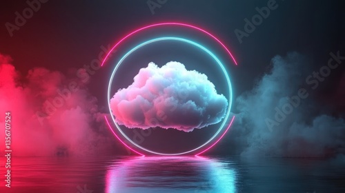 Cloud computing concept, neon circles, pink and blue smoke, reflection.