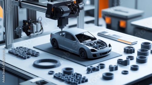 3D printer creating a detailed car model prototype surrounded by various printed parts.