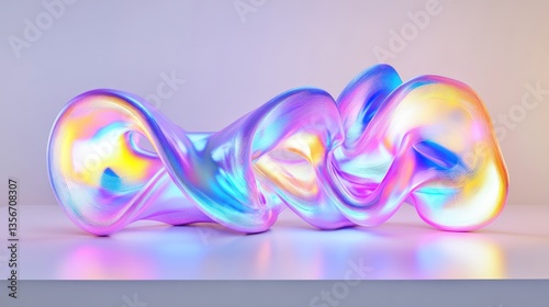 Abstract iridescent fluid sculpture with vibrant colors on a white surface.