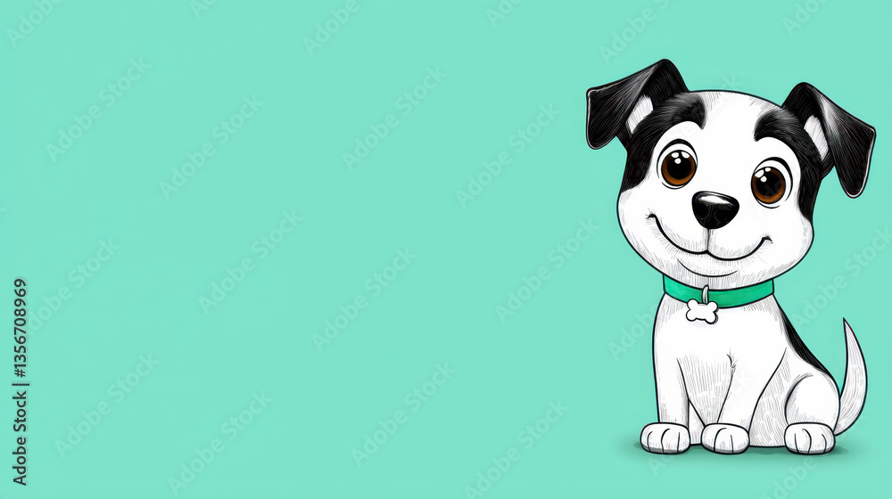 Obraz premium Adorable Black And White Puppy Digital Illustration Teal Background