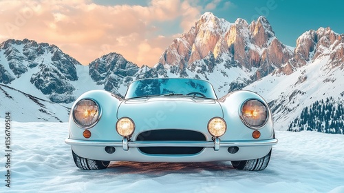 Classic roadster against majestic snowy mountain backdrop, evoking adventure
