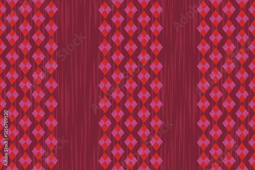 Ikat woven fabric pattern is a traditional seamless orange, pink striped sarong or shawl on a dark red background.