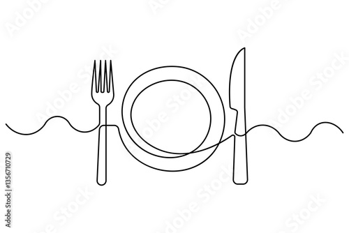 knife and fork continuous one line art drawing of heart hand drawn vector illustration
