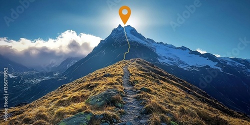 Goal to success for level up with pathway line or step route to mountain peak. Human performance limit concepts. Growth mindset and motivation. Generative AI image