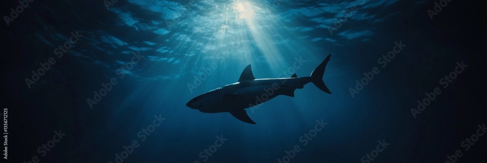 Obraz premium Great white shark swimming in deep blue ocean waters