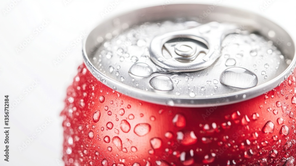 Close-up of a cold, red aluminum soda can covered in condensation droplets. Close-up of a cold, red aluminum soda can covered in condensation droplets.