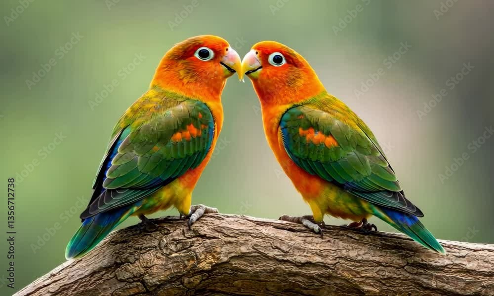 Two lovebirds perched closely together on a branch in a vibrant outdoor setting, looking at each other Two lovebirds perched closely together on a branch in a vibrant outdoor setting, looking at each other