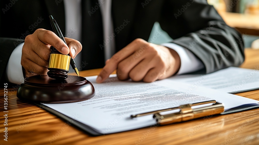 Person Reviewing Legal Document with Gavel and Pen Person Reviewing Legal Document with Gavel and Pen