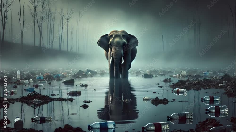 Lone elephant standing in polluted reflective water, evoking emotion and environmental awareness in a somber scene.
