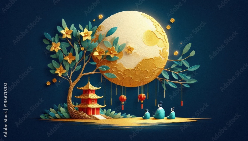 Naklejka premium Chinese family eat mooncake to celebrate mid-autumn festival under a beautiful tree at starry night.