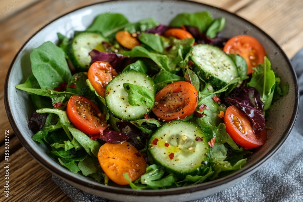Fresh vegetable salad served in a bowl with colorful greens and sliced tomatoes at a rustic wooden table Fresh vegetable salad served in a bowl with colorful greens and sliced tomatoes at a rustic wooden table
