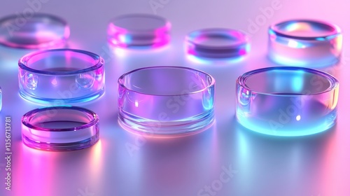 Abstract glass cylinders with vibrant neon lighting, reflecting on a shiny surface.